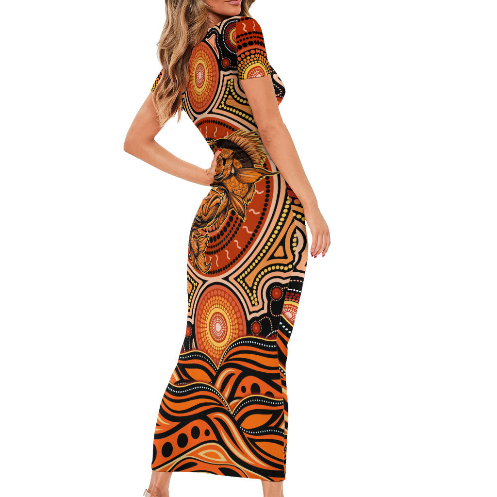 Barramundi Fish Family Matching Short Sleeve Bodycon Dress and Hawaiian Shirt Aboriginal Dot Art Indigenous Pattern