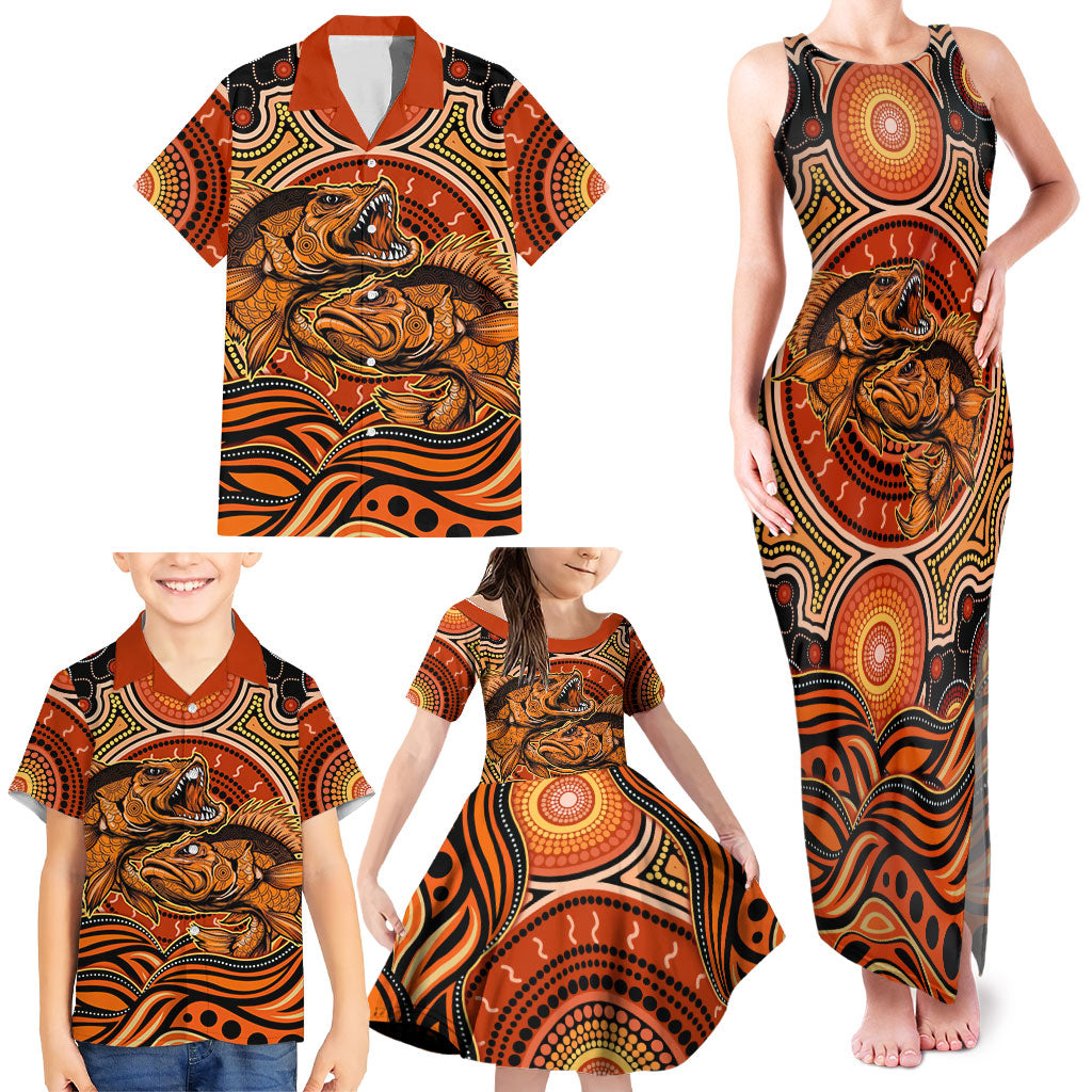 Barramundi Fish Family Matching Tank Maxi Dress and Hawaiian Shirt Aboriginal Dot Art Indigenous Pattern