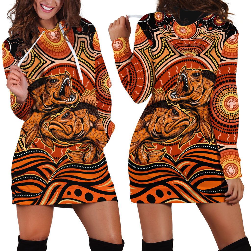 Barramundi Fish Hoodie Dress Aboriginal Dot Art Indigenous Pattern