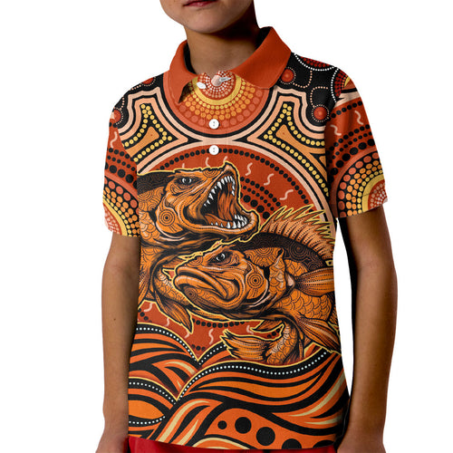 Barramundi Fish Kid Polo Shirt Aboriginal Dot Art Indigenous Pattern