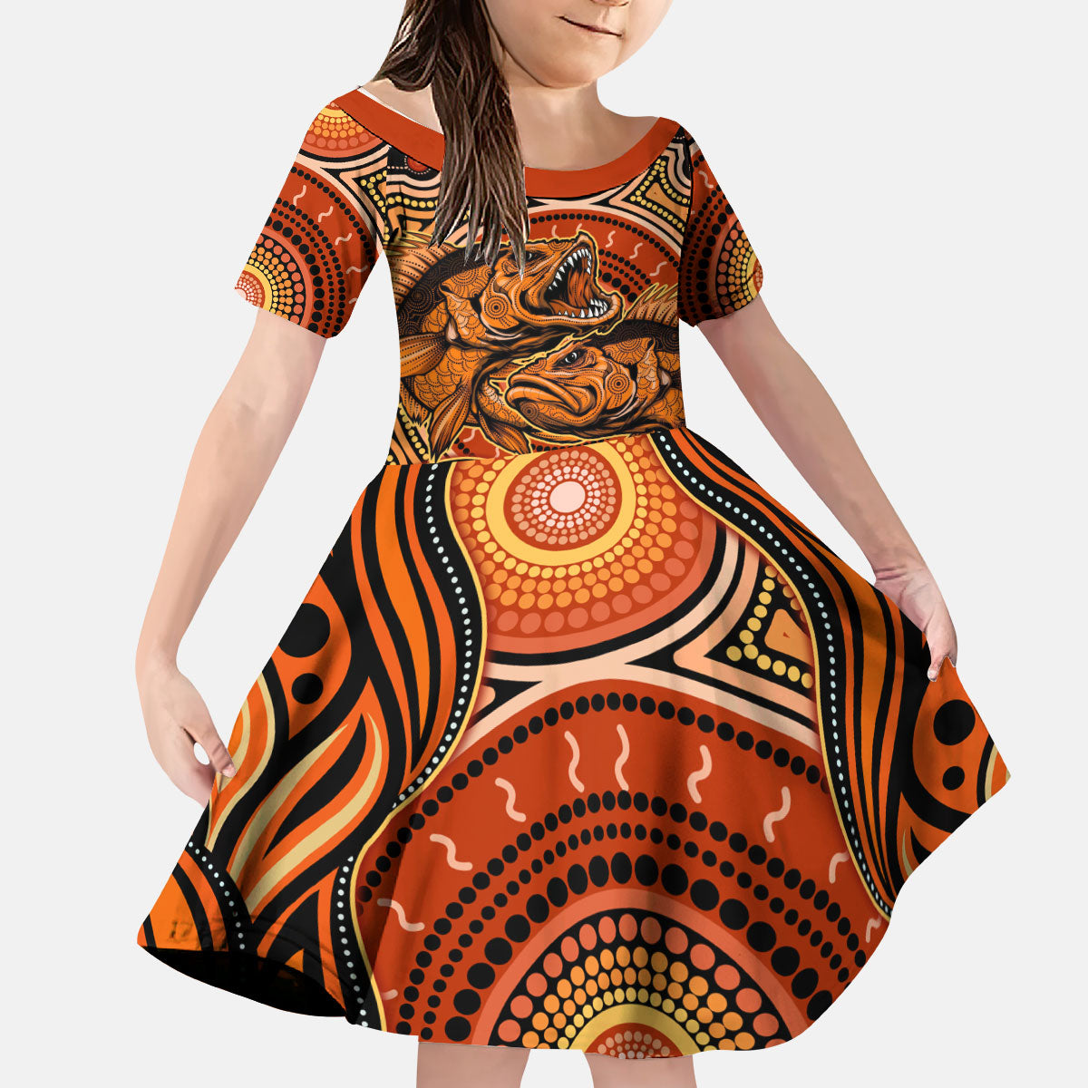 Barramundi Fish Kid Short Sleeve Dress Aboriginal Dot Art Indigenous Pattern