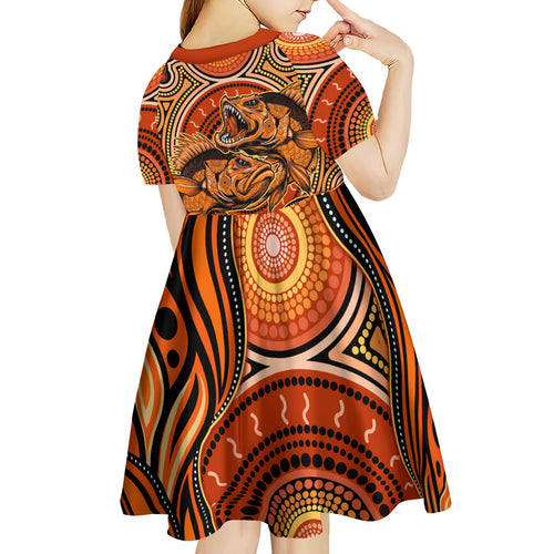 Barramundi Fish Kid Short Sleeve Dress Aboriginal Dot Art Indigenous Pattern