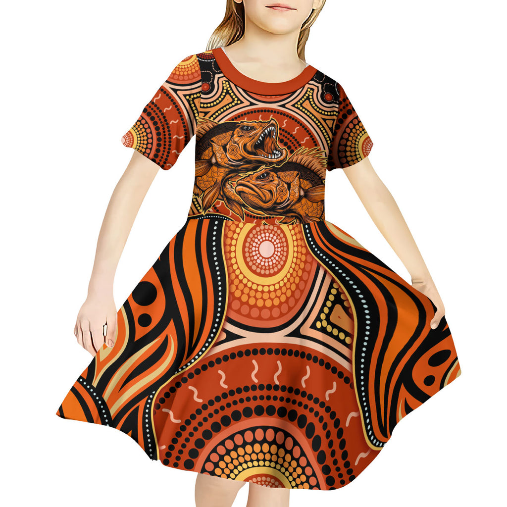 Barramundi Fish Kid Short Sleeve Dress Aboriginal Dot Art Indigenous Pattern