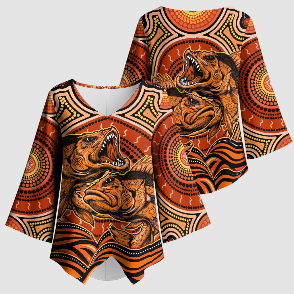 Barramundi Fish Kimono Sleeve Blouse Aboriginal Dot Art Indigenous Pattern