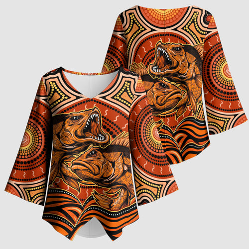 Barramundi Fish Kimono Sleeve Blouse Aboriginal Dot Art Indigenous Pattern