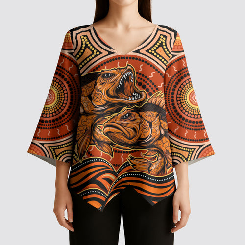 Barramundi Fish Kimono Sleeve Blouse Aboriginal Dot Art Indigenous Pattern