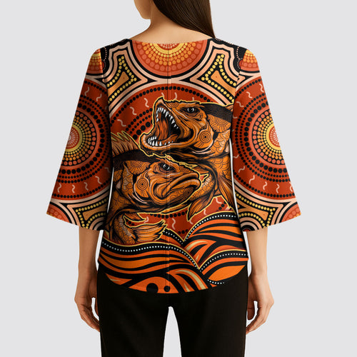 Barramundi Fish Kimono Sleeve Blouse Aboriginal Dot Art Indigenous Pattern