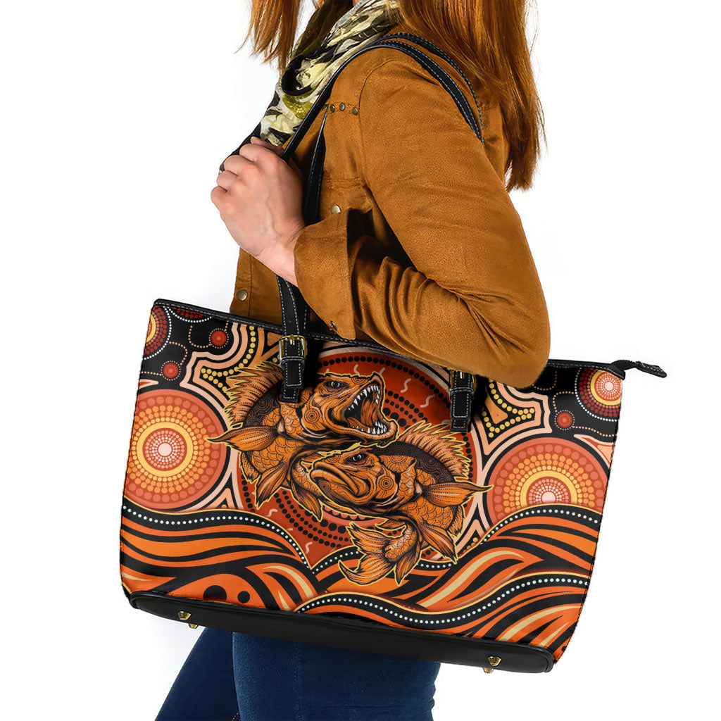 Barramundi Fish Leather Tote Bag Aboriginal Dot Art Indigenous Pattern