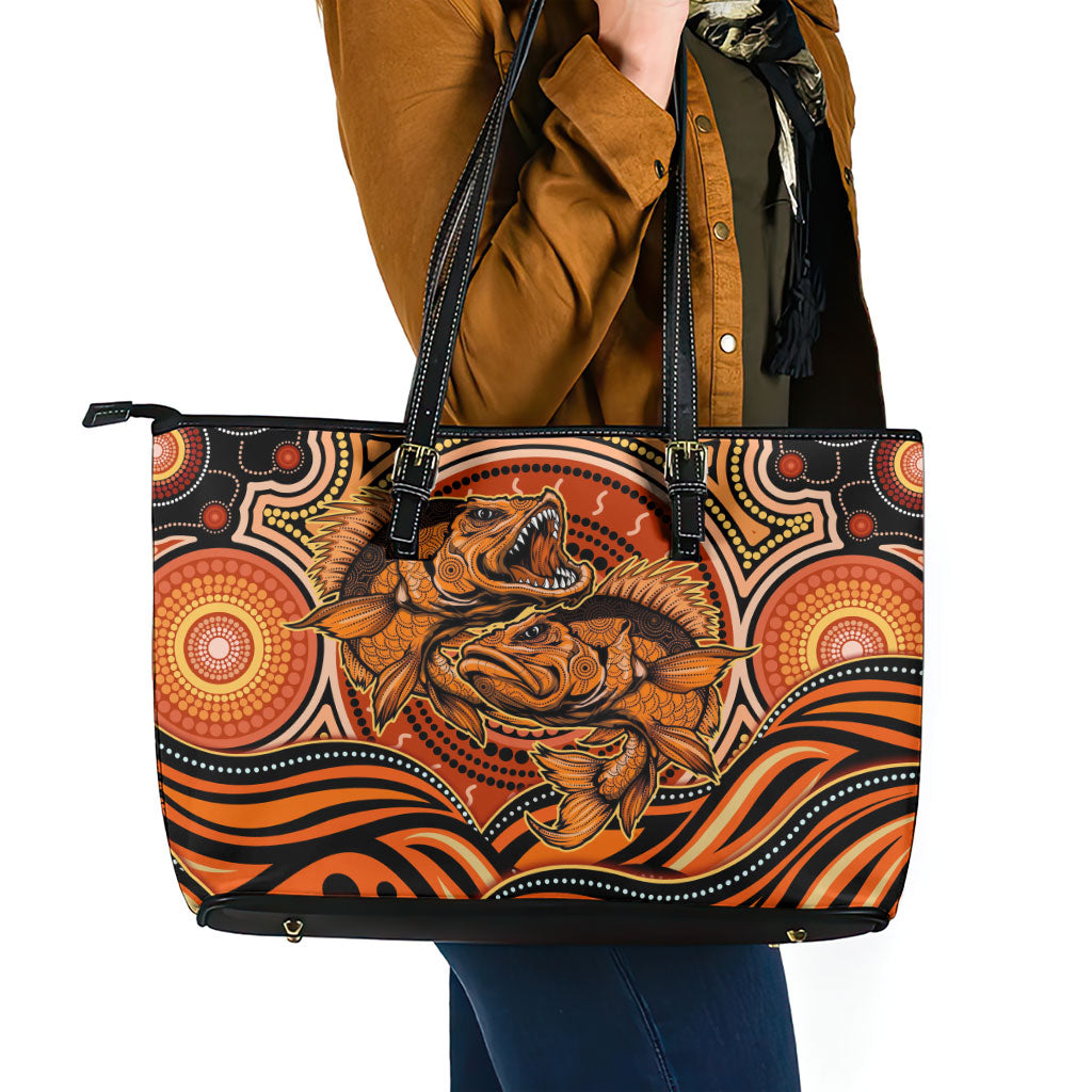 Barramundi Fish Leather Tote Bag Aboriginal Dot Art Indigenous Pattern