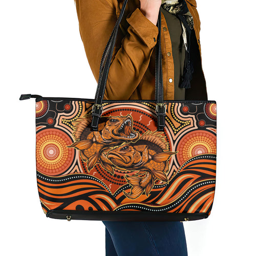 Barramundi Fish Leather Tote Bag Aboriginal Dot Art Indigenous Pattern