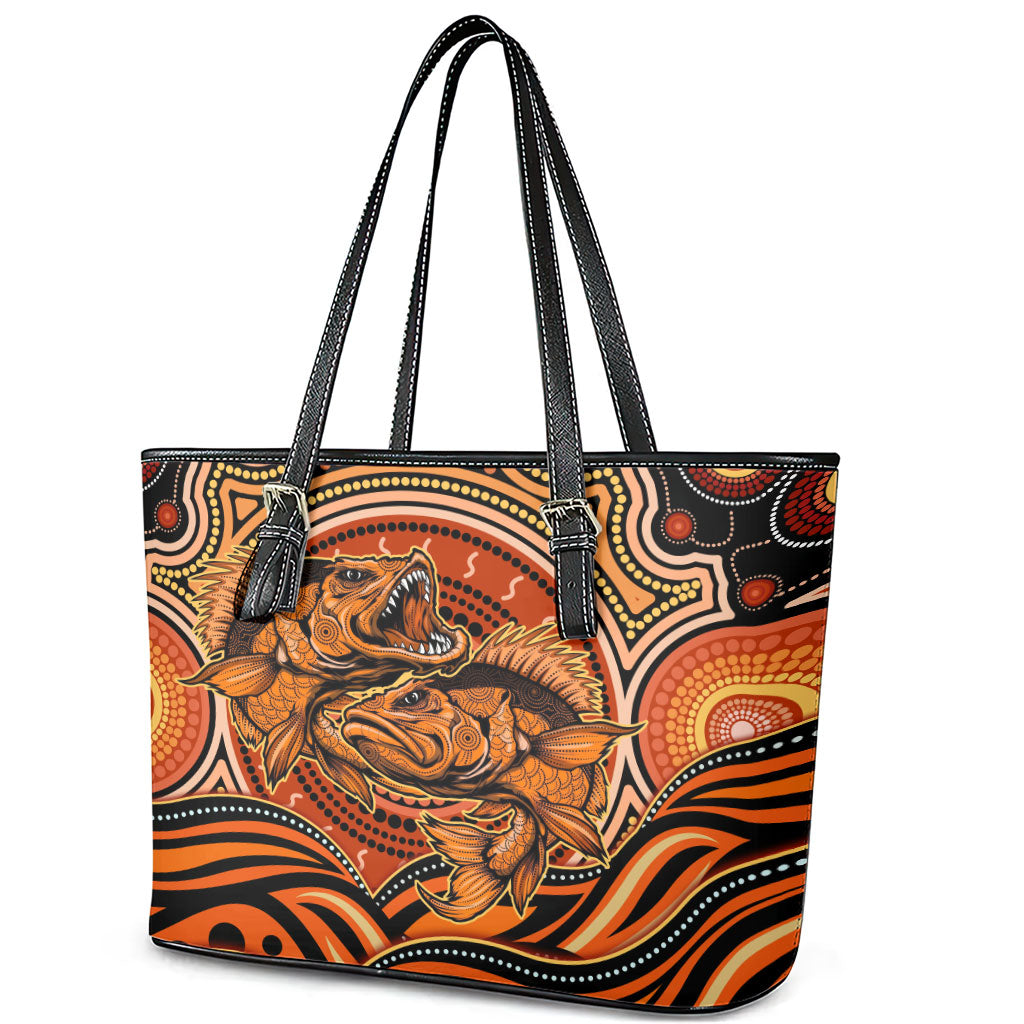 Barramundi Fish Leather Tote Bag Aboriginal Dot Art Indigenous Pattern
