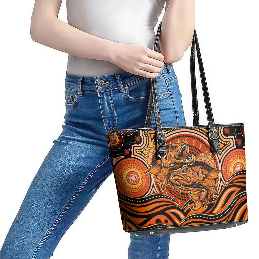 Barramundi Fish Leather Tote Bag Aboriginal Dot Art Indigenous Pattern