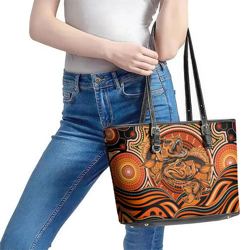 Barramundi Fish Leather Tote Bag Aboriginal Dot Art Indigenous Pattern