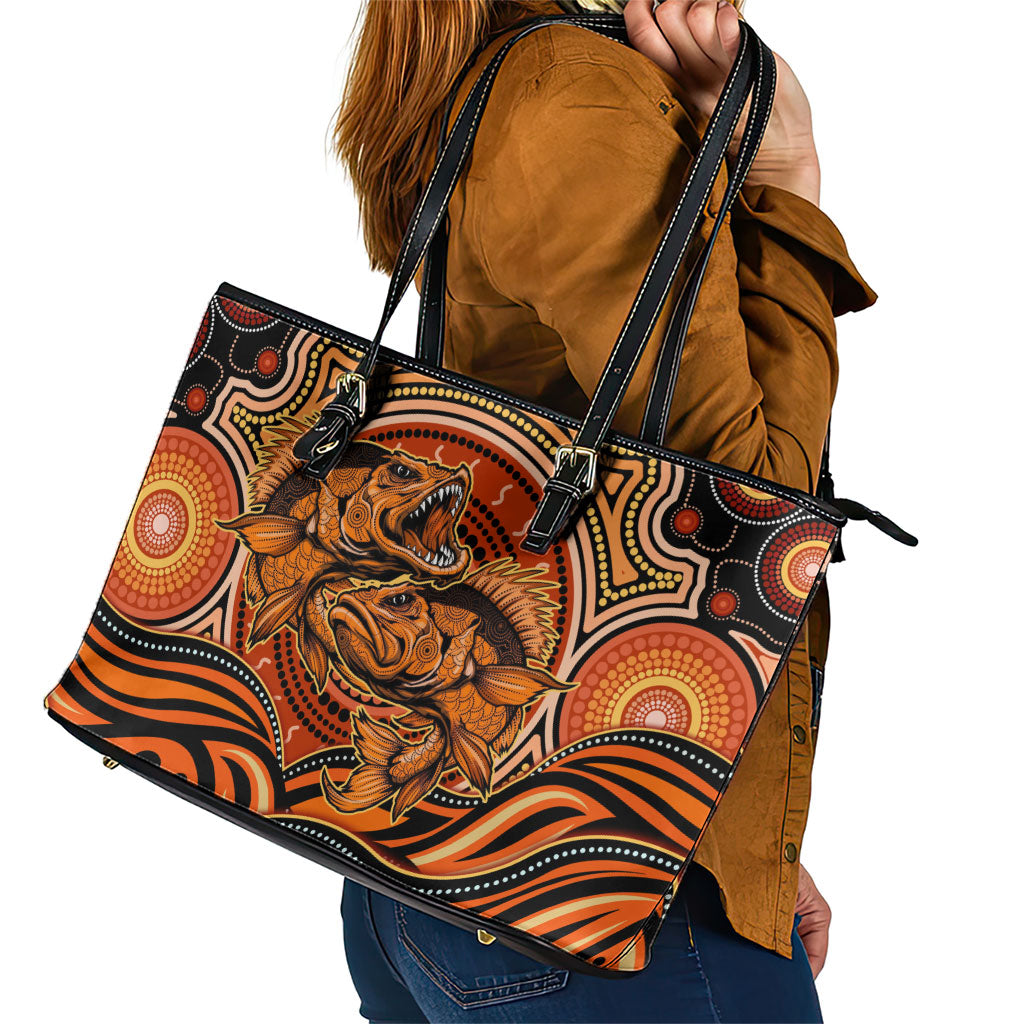 Barramundi Fish Leather Tote Bag Aboriginal Dot Art Indigenous Pattern