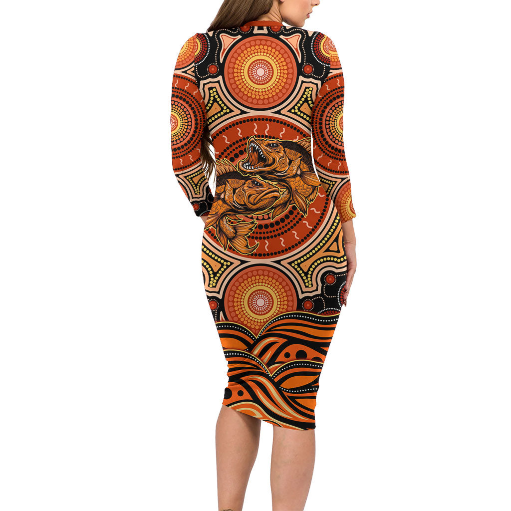 Barramundi Fish Long Sleeve Bodycon Dress Aboriginal Dot Art Indigenous Pattern