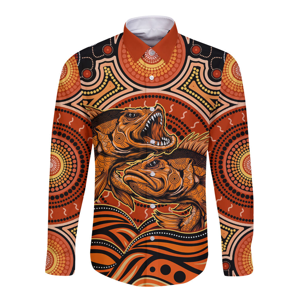 Barramundi Fish Long Sleeve Button Shirt Aboriginal Dot Art Indigenous Pattern