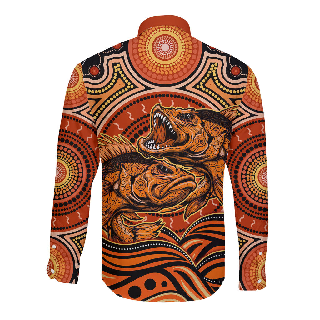 Barramundi Fish Long Sleeve Button Shirt Aboriginal Dot Art Indigenous Pattern
