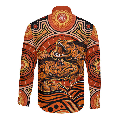 Barramundi Fish Long Sleeve Button Shirt Aboriginal Dot Art Indigenous Pattern