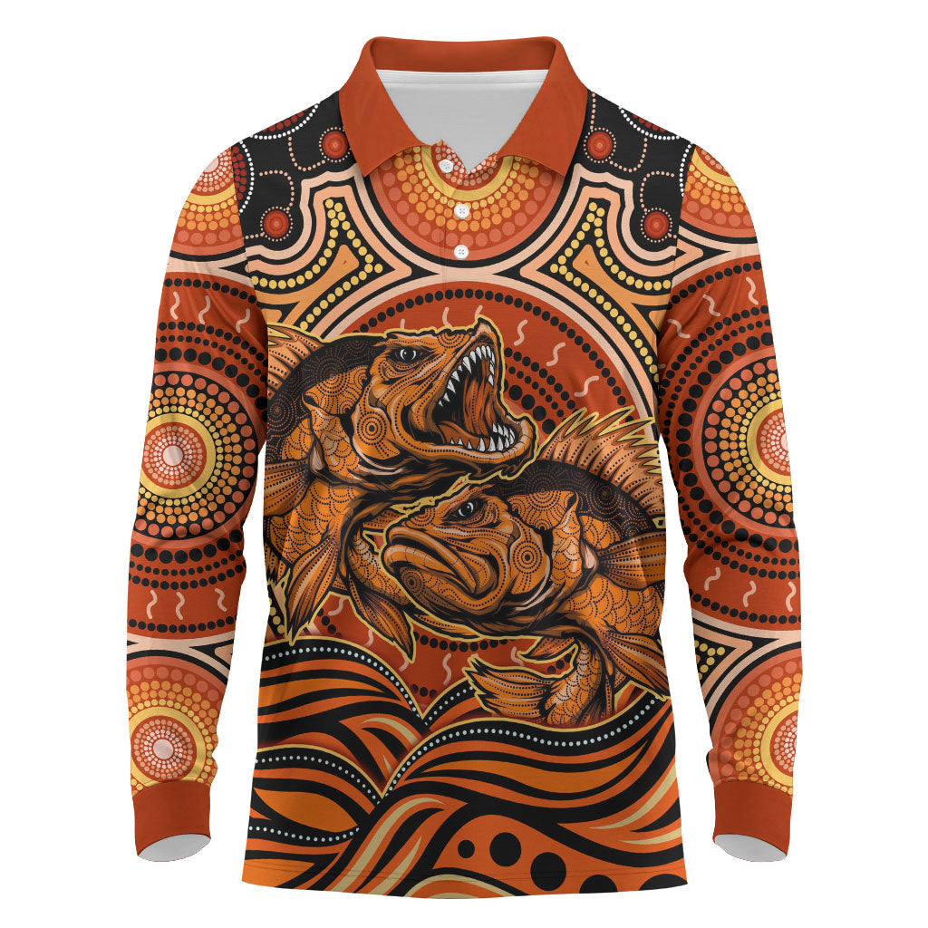 Barramundi Fish Long Sleeve Polo Shirt Aboriginal Dot Art Indigenous Pattern