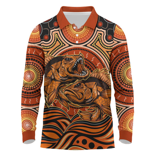 Barramundi Fish Long Sleeve Polo Shirt Aboriginal Dot Art Indigenous Pattern