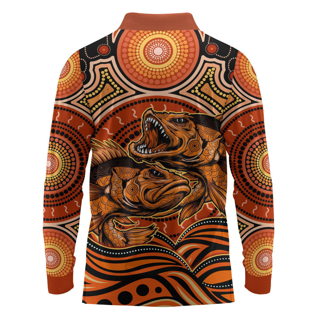 Barramundi Fish Long Sleeve Polo Shirt Aboriginal Dot Art Indigenous Pattern