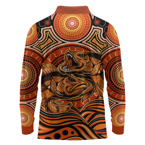 Barramundi Fish Long Sleeve Polo Shirt Aboriginal Dot Art Indigenous Pattern