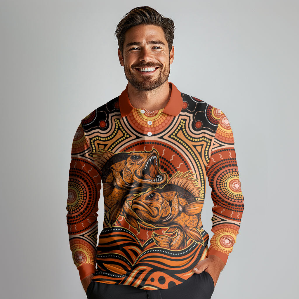 Barramundi Fish Long Sleeve Polo Shirt Aboriginal Dot Art Indigenous Pattern