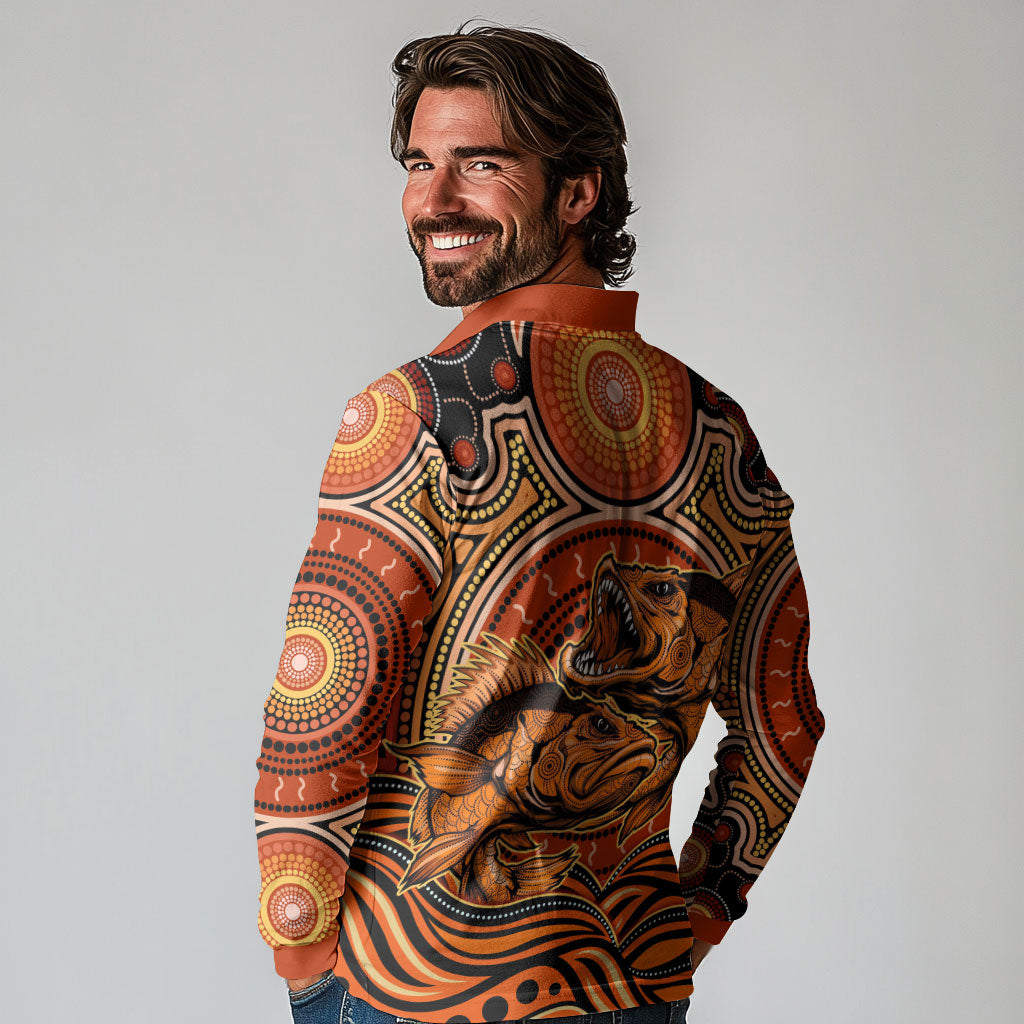 Barramundi Fish Long Sleeve Polo Shirt Aboriginal Dot Art Indigenous Pattern