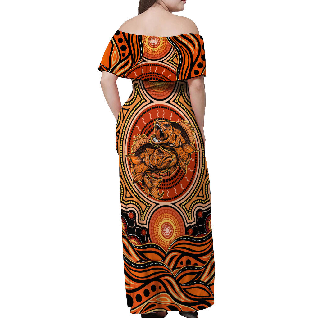 Barramundi Fish Off Shoulder Maxi Dress Aboriginal Dot Art Indigenous Pattern