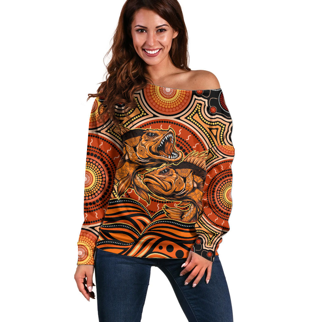 Barramundi Fish Off Shoulder Sweater Aboriginal Dot Art Indigenous Pattern
