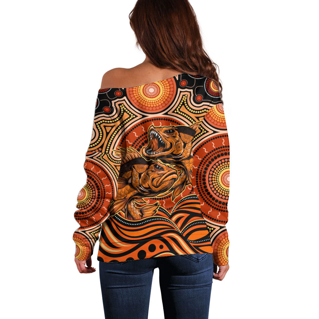 Barramundi Fish Off Shoulder Sweater Aboriginal Dot Art Indigenous Pattern