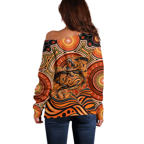 Barramundi Fish Off Shoulder Sweater Aboriginal Dot Art Indigenous Pattern