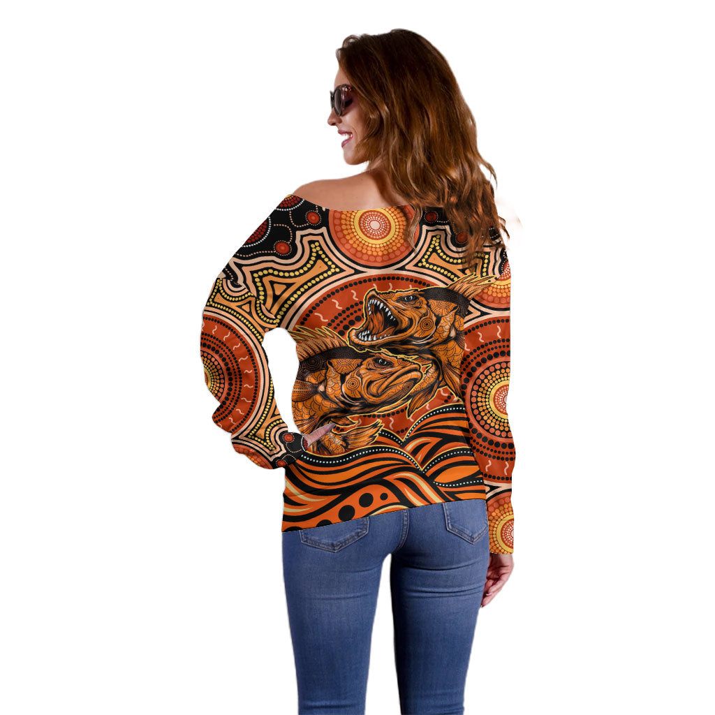 Barramundi Fish Off Shoulder Sweater Aboriginal Dot Art Indigenous Pattern