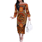 Barramundi Fish Off The Shoulder Long Sleeve Dress Aboriginal Dot Art Indigenous Pattern