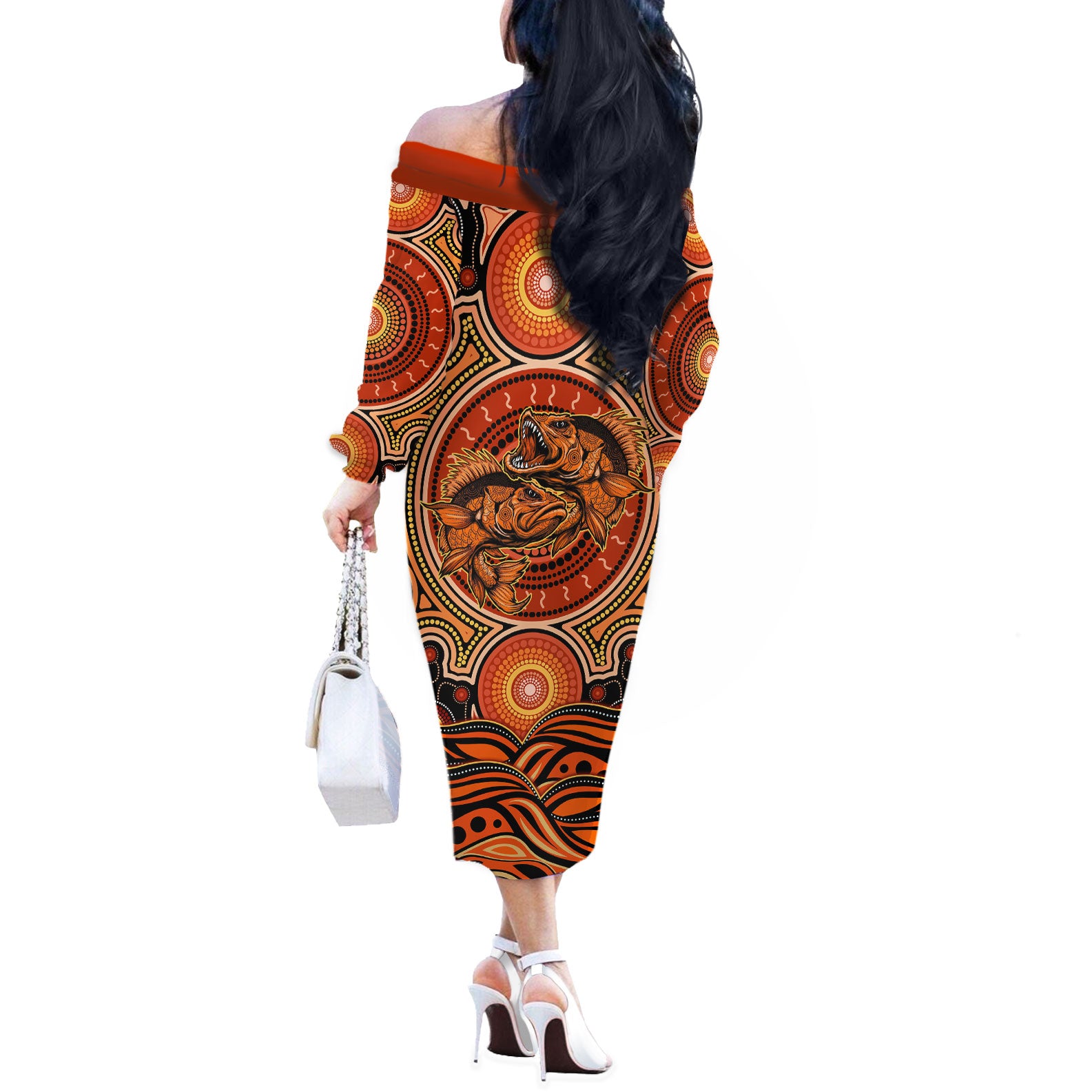 Barramundi Fish Off The Shoulder Long Sleeve Dress Aboriginal Dot Art Indigenous Pattern