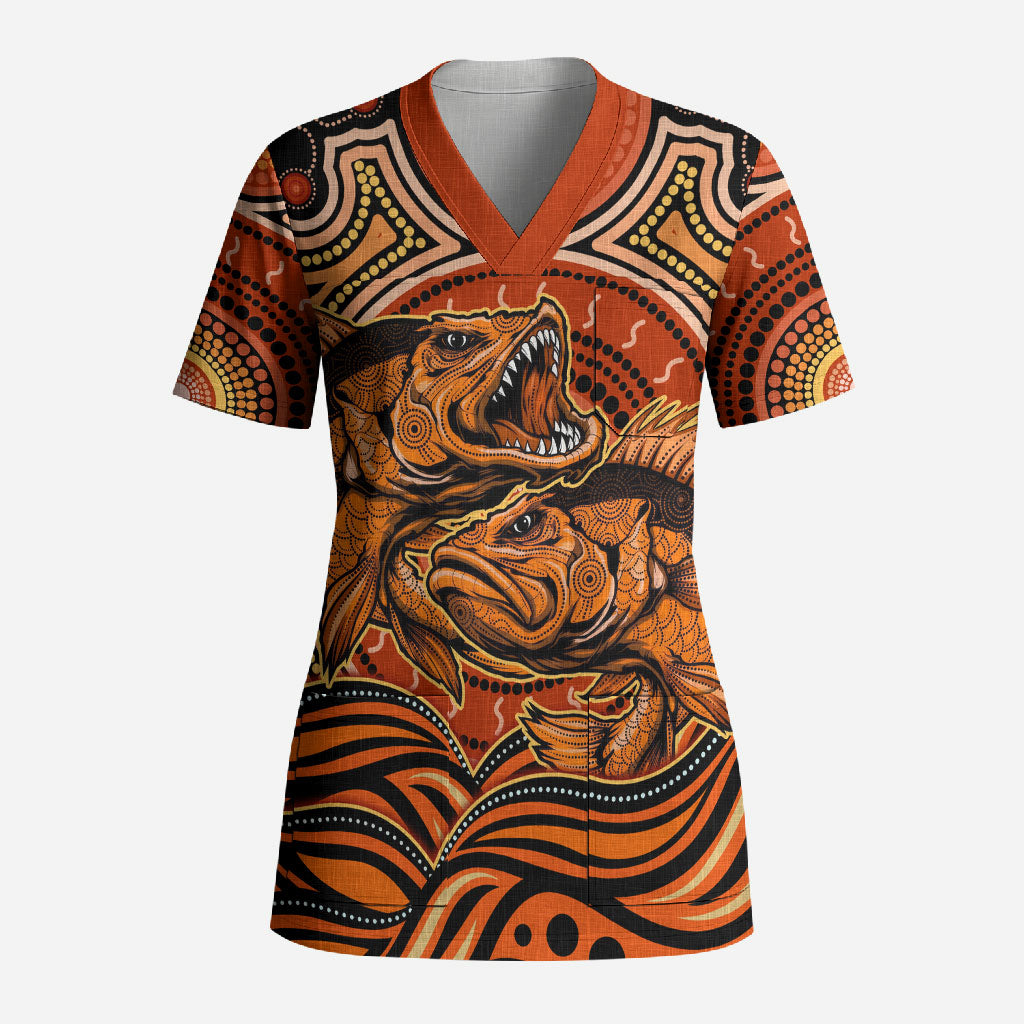 Barramundi Fish Scrub Top Aboriginal Dot Art Indigenous Pattern