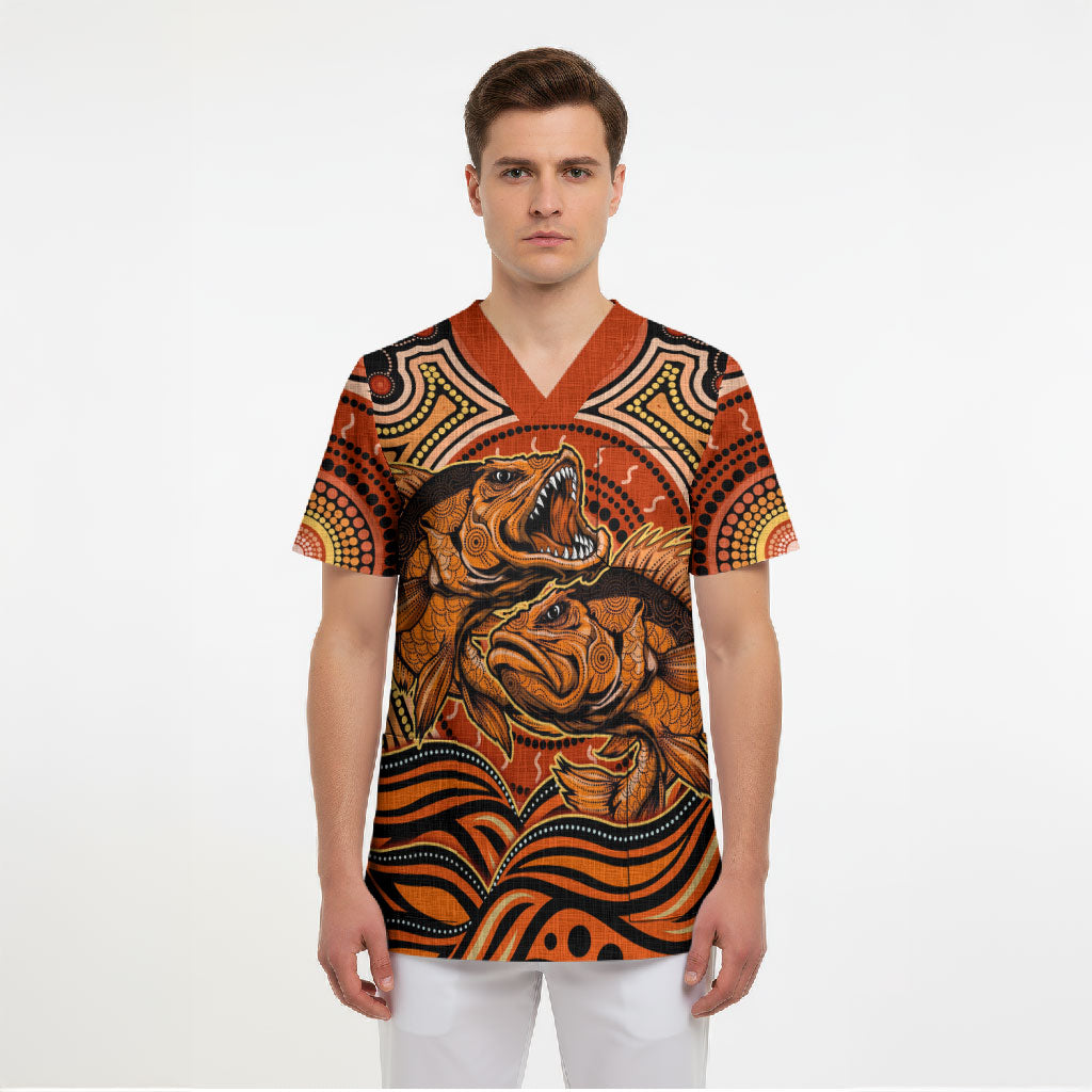 Barramundi Fish Scrub Top Aboriginal Dot Art Indigenous Pattern