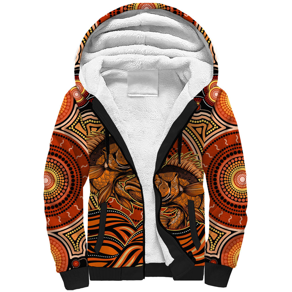Barramundi Fish Sherpa Hoodie Aboriginal Dot Art Indigenous Pattern