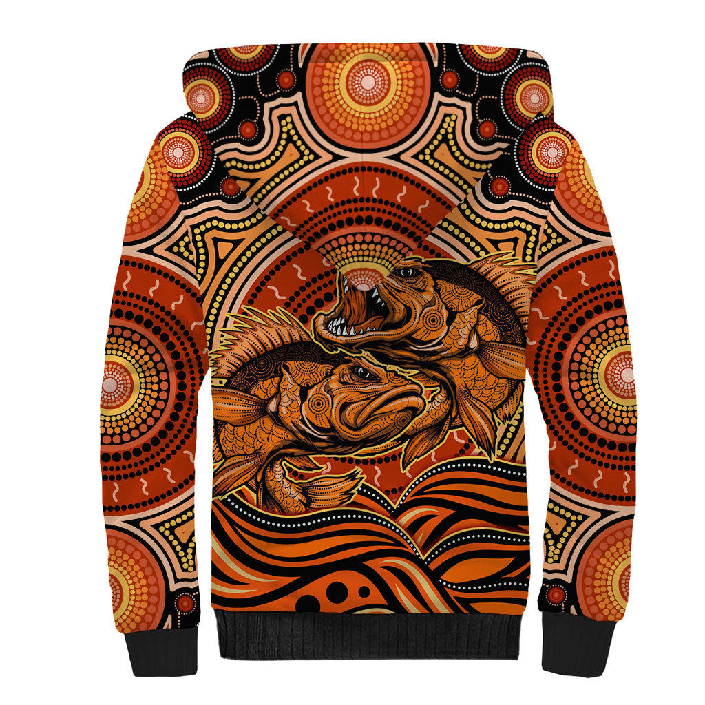Barramundi Fish Sherpa Hoodie Aboriginal Dot Art Indigenous Pattern