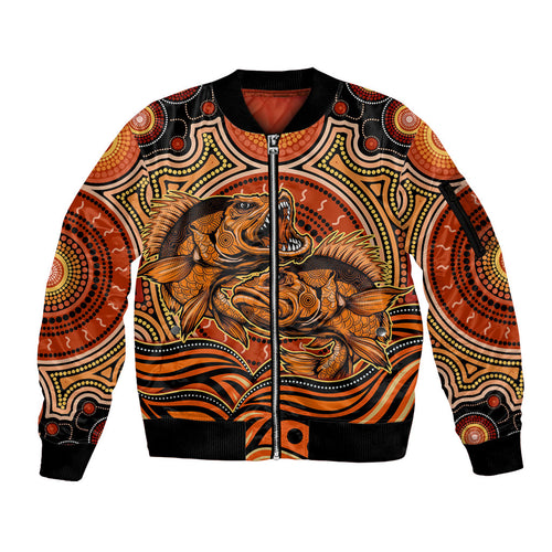 Barramundi Fish Sleeve Zip Bomber Jacket Aboriginal Dot Art Indigenous Pattern