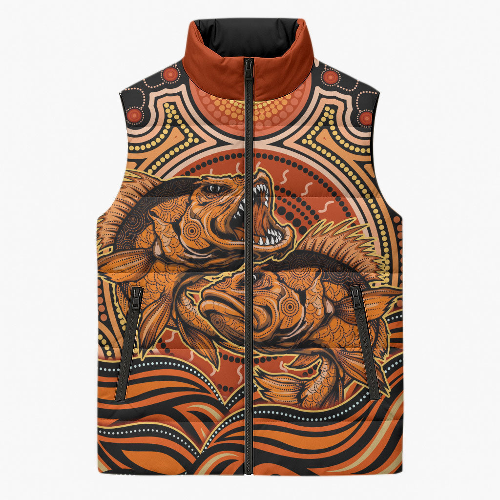 Barramundi Fish Sleeveless Puffer Jacket Aboriginal Dot Art Indigenous Pattern