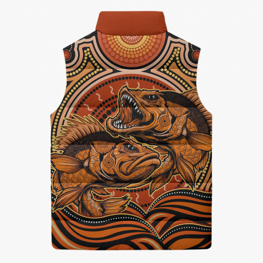 Barramundi Fish Sleeveless Puffer Jacket Aboriginal Dot Art Indigenous Pattern