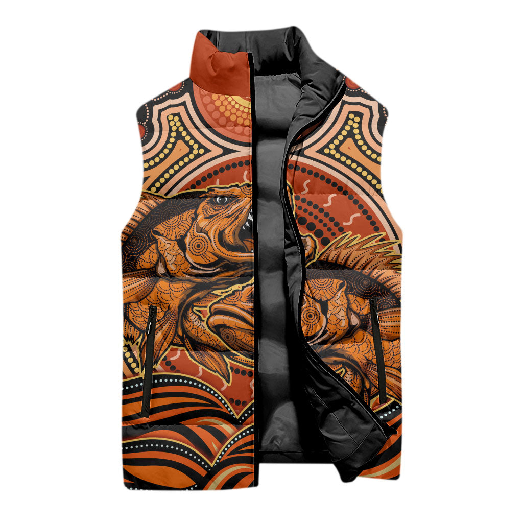 Barramundi Fish Sleeveless Puffer Jacket Aboriginal Dot Art Indigenous Pattern
