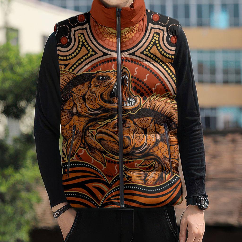 Barramundi Fish Sleeveless Puffer Jacket Aboriginal Dot Art Indigenous Pattern
