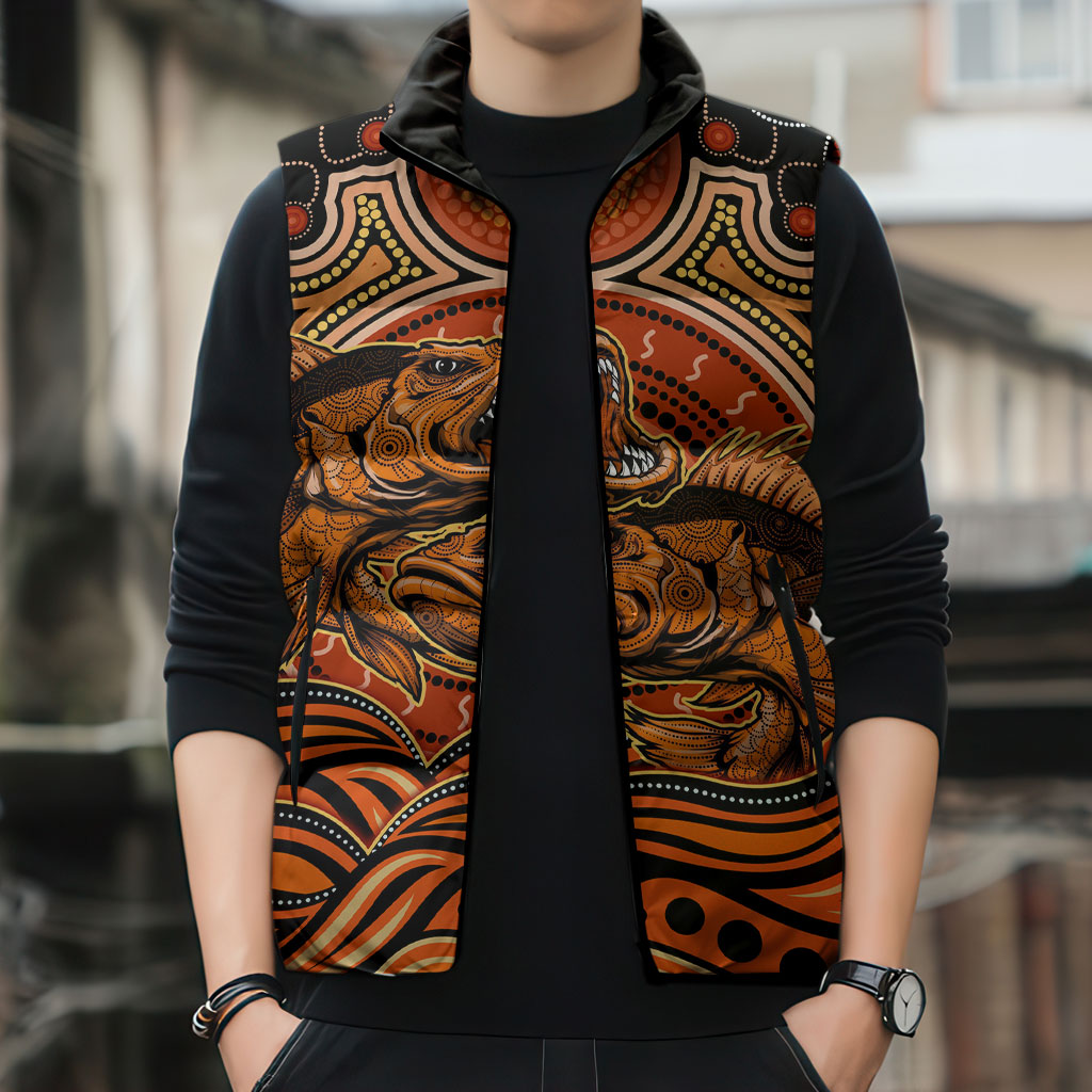 Barramundi Fish Sleeveless Puffer Jacket Aboriginal Dot Art Indigenous Pattern