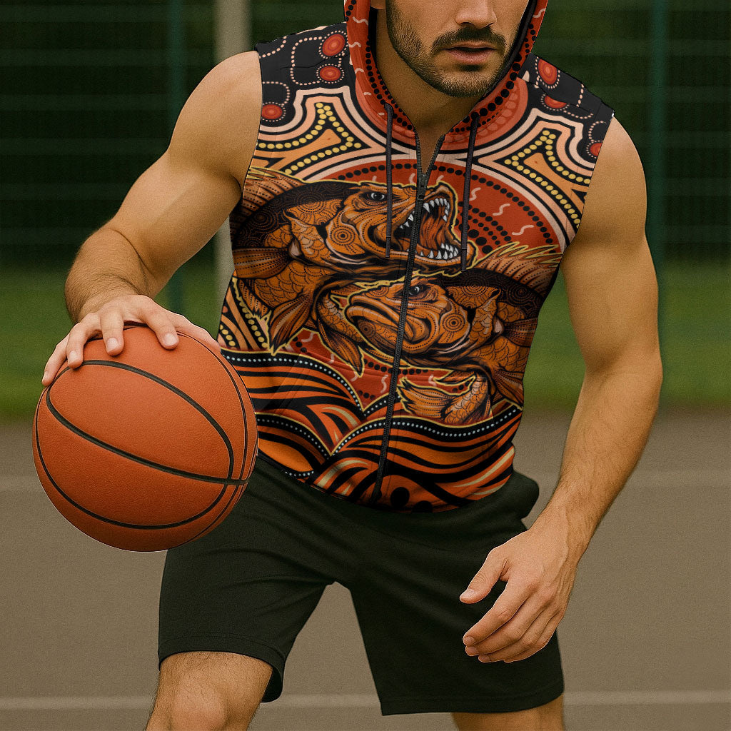 Barramundi Fish Sleeveless Zip Hoodie Aboriginal Dot Art Indigenous Pattern