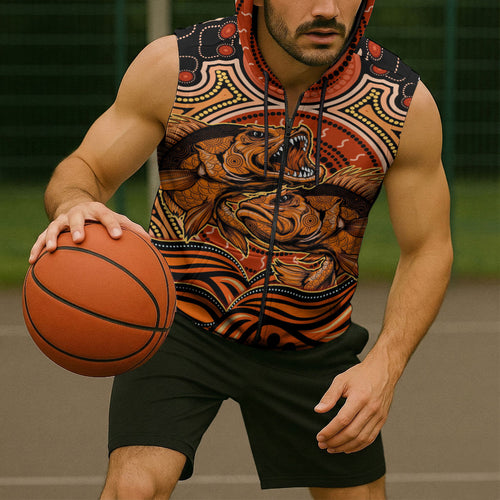 Barramundi Fish Sleeveless Zip Hoodie Aboriginal Dot Art Indigenous Pattern