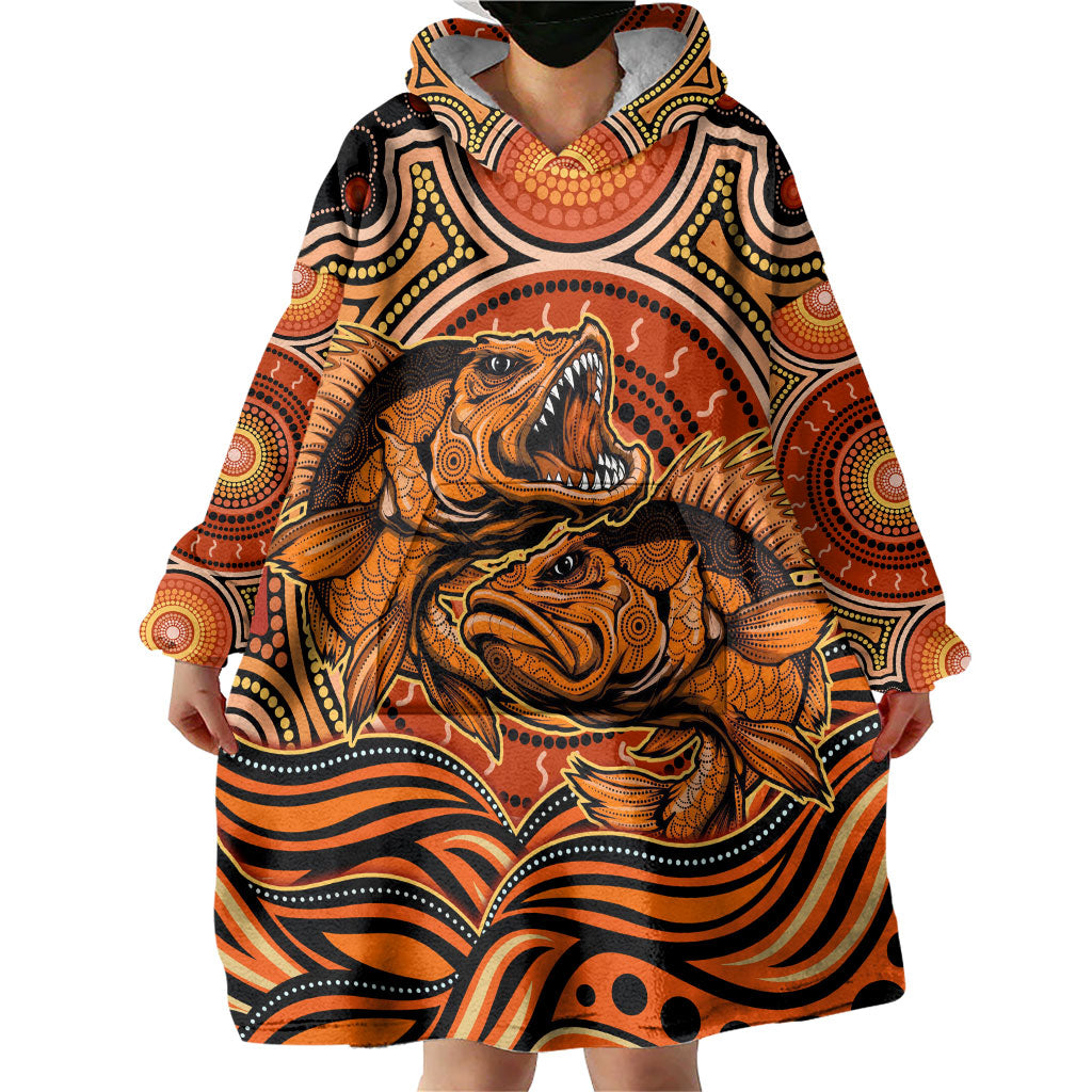 Barramundi Fish Wearable Blanket Hoodie Aboriginal Dot Art Indigenous Pattern