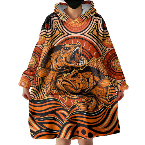 Barramundi Fish Wearable Blanket Hoodie Aboriginal Dot Art Indigenous Pattern