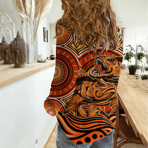 Barramundi Fish Women Casual Shirt Aboriginal Dot Art Indigenous Pattern